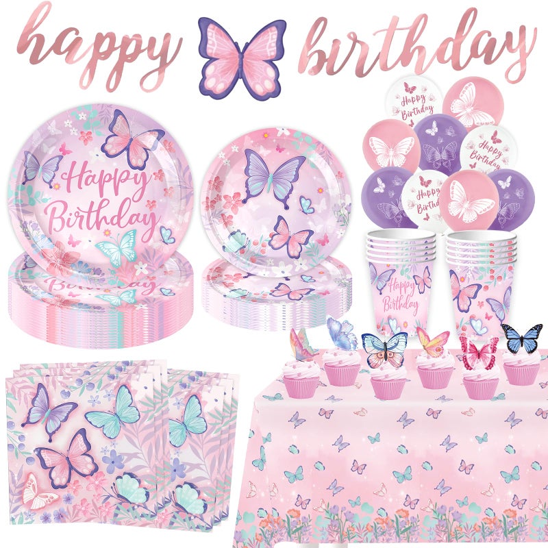 Bolake Butterfly Birthday Party Supplies Decorations Tableware Set Serves 25 Butterfly Disposable Paper Plates Napkins, Cups, Cake Toppers Tablecloth, Banner, and Balloons for Butterfly Decorations - Image 1
